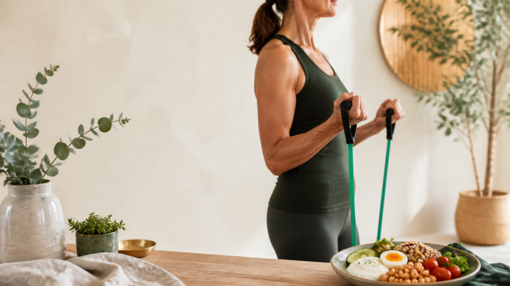 Direnç bandıyla egzersiz yapan kadın ve protein açısından dengeli öğün